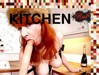 Red XXX masturbates and stuffs her vagina in the kitchen