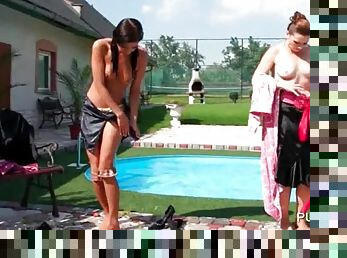 Wet topless lesbians having a WAM sex pool party