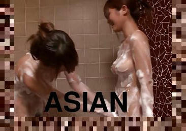Haruki Sato and Sae Aihara lick each other's pussies in a bathroom