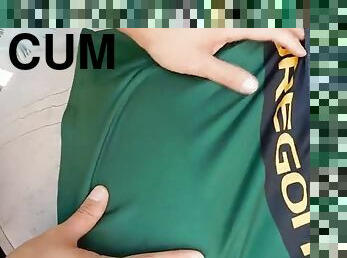 Fucking her Oregon Ducks cheerleader skirt with a load of cum