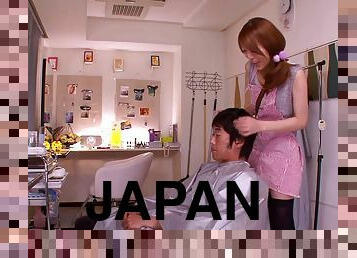 Japanese barber Rin Sakuragi gives a handjob to her client