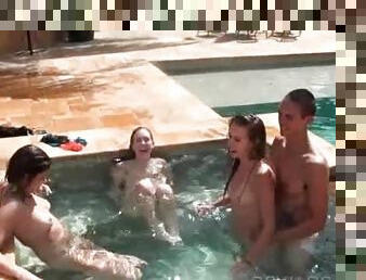 Naked teen babes cunt licked in foursome outdoor