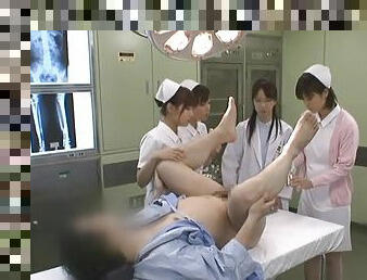 Four Japanese Nurses Toying a Patient's Ass and Jerking His Cock Off