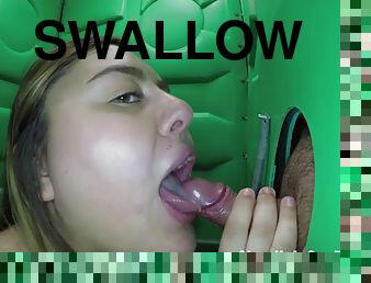 BBW swallows cum in public gloryhole in front of her gym
