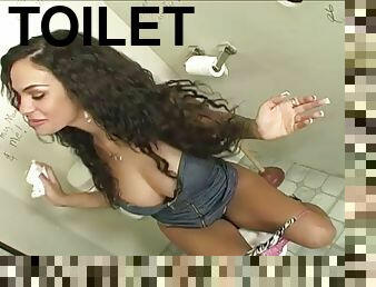 Angelina sucks on a long cock though a glory hole in the toilet