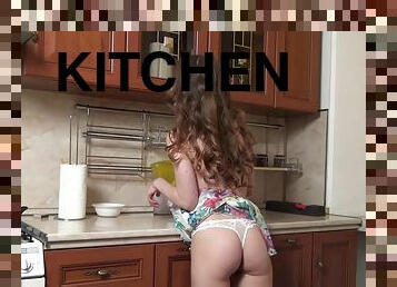 Provocative slut strips on the kitchen counter