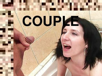 Shaved pussy brunette piss drinking indoors after hardcore shoot