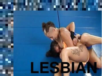 Pair of lesbian chicks wrestling until they're totally naked