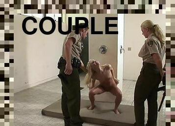 Bad blonde needs to be taught a lesson by a couple in uniform