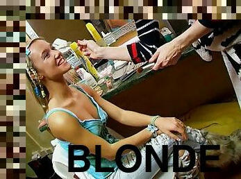 Fantastic blonde teenie takes off her jeans and masturbates