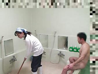 Japanese cleaning lady receives a pretty good doggy style pounding