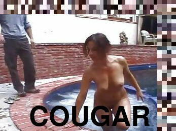 Tattooed cougar enjoying pool then getting banged hardcore