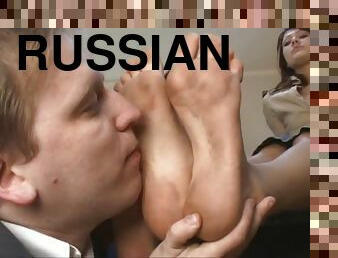 Gentleman in suit licking Russian femdom dame foot lovely