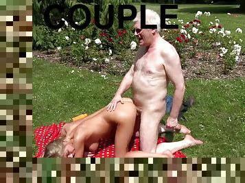 An old guy lays the pipe to a sexy teen slut during a picnic