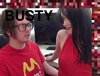 Busty Tanya Fox is sucking the nerdy guy's cock with a great pleasure