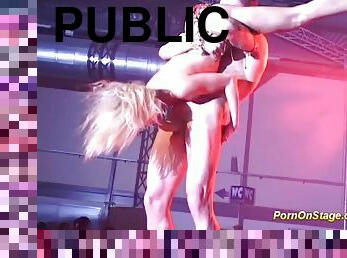 Hot real sex on european public sex fair show stage