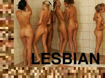 Shower room is surely a great place to have a lesbian session!