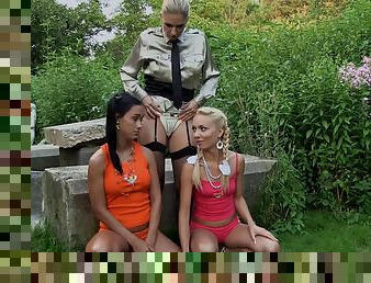 Three mind-blowing girls having a lesbian party in the wilderness