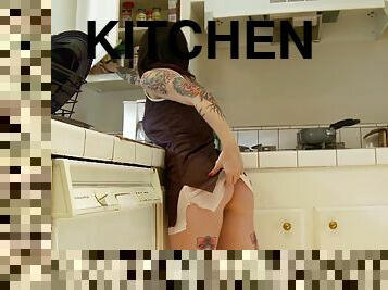 Joanna Angel gets naked in the kitchen while making breakfast