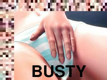 Busty anime hottie rubbing her wet horny pussy