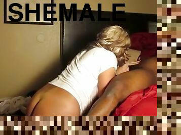 Curvy blonde shemale sucks big black cock and gets her ass destroyed