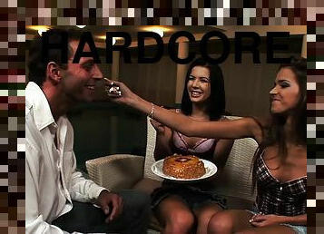 Two hotties invite a guy over for dinner and feast on his cock