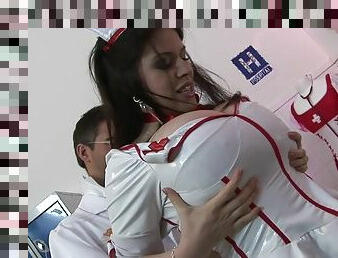 Busty nurse Daphne Rosen takes off her panties to be fucked hard