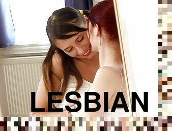 lesbian-lesbian, remaja, kepang-rambut, sisipan