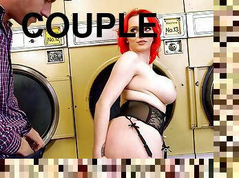 Tremendous redhead woman with huge tits gets fucked in a laundromat