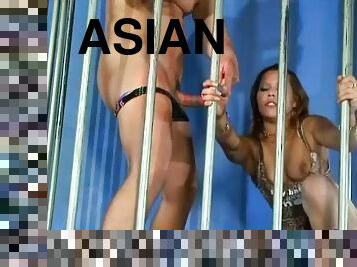 Wild fun as an Asian couple fucks in a cage at a club