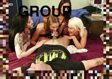 CFNM pornstar babes suck and jerk cock in group till cumshot
