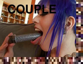 Blue hair punk in leather boots gets the cock off in POV fuck video