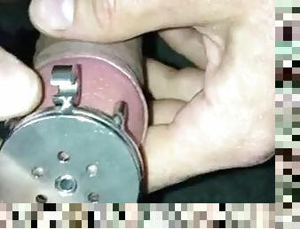 Transition from normal chastity to micro chastity cage with penis plug