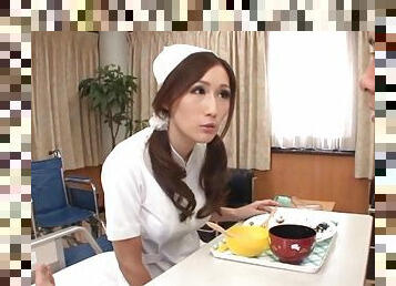 Lecherous Japanese nurse Julia gives a blowjob and a titjob to a dude