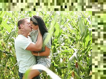 Jay Dee pounds slim brunette Mia Manarote's pussy in the fields