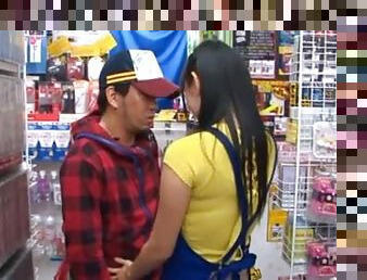 Nana Ogura the sexy salesman gives a blowjob in the shop