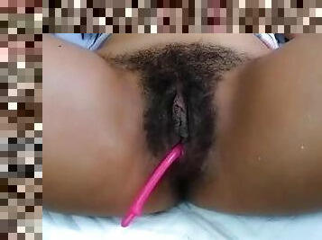 Hairy pussy girl makes a living showing off her bush on the internet and making sex video calls