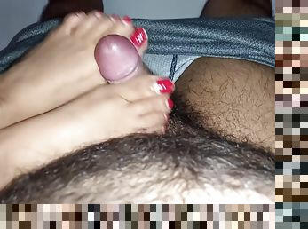 My Indian Boyfriend Begs Me To Give Him Footjob!! Huge Cumshot At The End