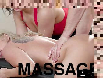 FANTASY MASSAGE - Sexy Whitney Wright swaps cum with busty client Christie Stevens during threesome