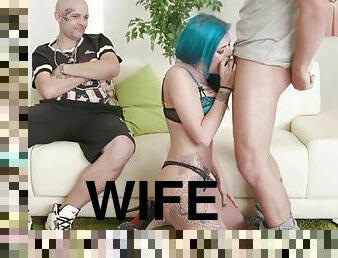 Sexy tattooed wife Alexxa Vice blows a stranger while the cuckold watches