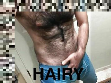 Very hairy man Jerking off through Lycra Spandex Tights