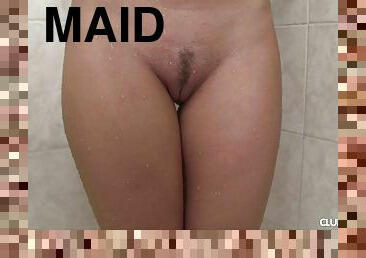 Succulent short-haired maid playing with her cunt under the shower