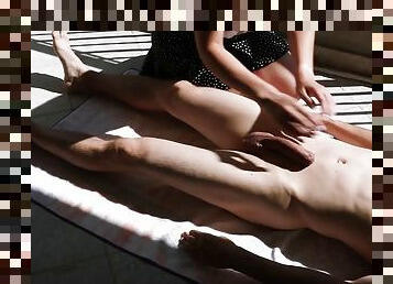 I massage his cock while he sunbathes on the outdoor terrace. I hope no one saw us