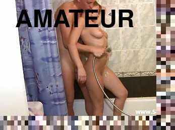 A guy watches an amateur couple fuck then shower together