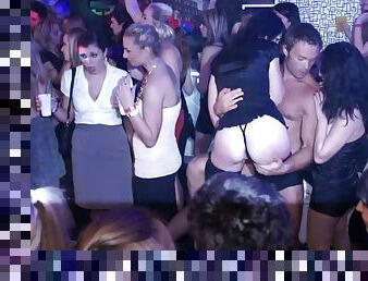 Provocative pornstars turn a club party into a full swing orgy