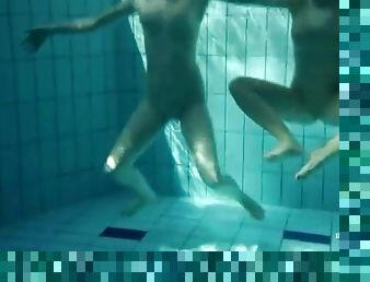 Bikini girls strip naked and play in the pool