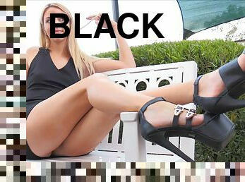 Black platform heels are gorgeous on this upskirt flashing blonde