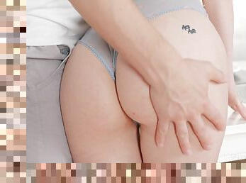 Brunette girlfriend with bubble butt kneels to enjoy sperm - hardcore with cumshot