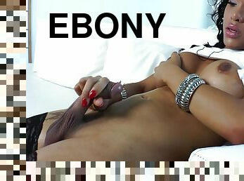 Pretty ebony tranny Nicole Starr plays with her wang in solo clip