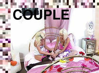 A couple of slutty blondes have a pajama party with a facial cumshot